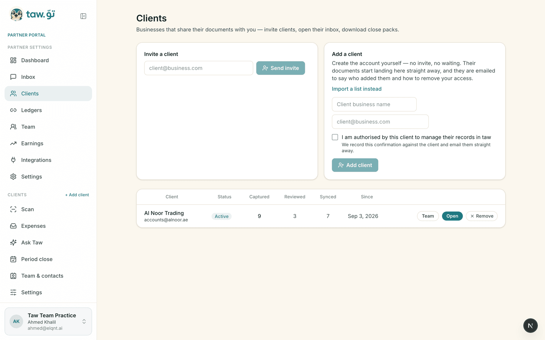 The Clients screen in Taw: invite a client by email, add one directly, and the client list with captured, reviewed and synced counts.