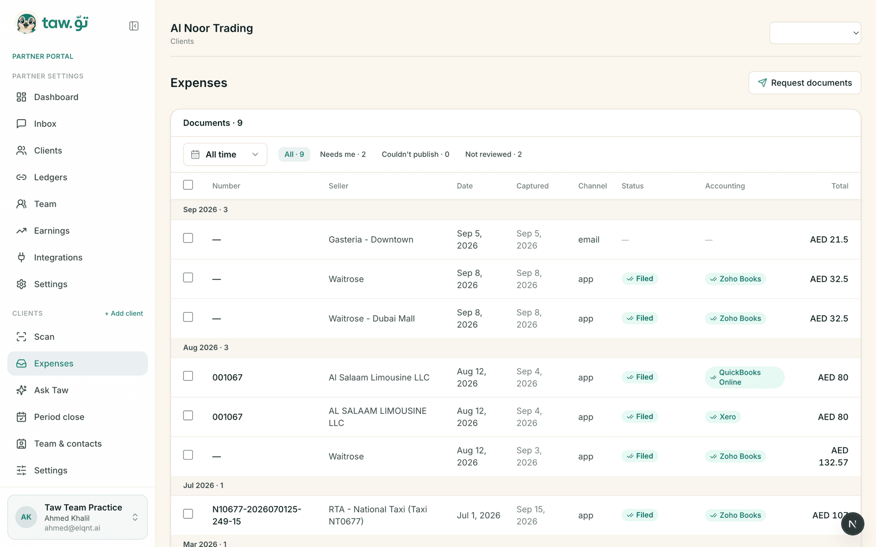 The client Expenses screen in Taw: documents by month with seller, channel, status and the accounting system each was filed to.